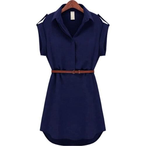 Ladies Sexy Short Summer Dress Girls Plus Size Beach Party Blue Dress Women Loose Short Sleeve Chiffon Shirt Dress with Belt Xxl