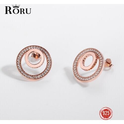 S925 Sterling Silver Stud Earrings Zircon Double Round Rose Gold Earrings Gift Trendy Creative Ear Jewelry for Women