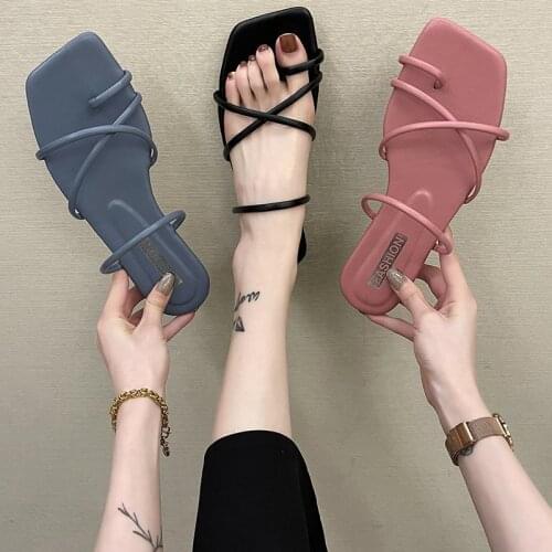 2021 Summer Leather Women Sandals Cross Flat Woman Slippers Sweet Office Business Female Shoes Square Toe Beach Sandals