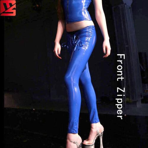 Sexy Latex Pencil Pants Faux Leather Pants Low Waist Bandage Zipper Crotch Detail Slim Fashion Club Dance wear Black White