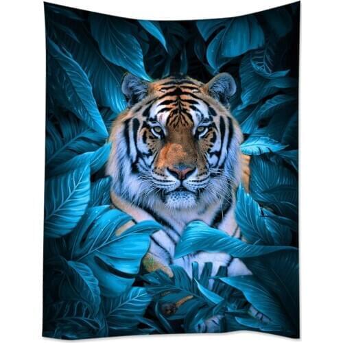 Tablecloth Art Table Covers Tiger African Wildlife Blue Leaves King of Animals