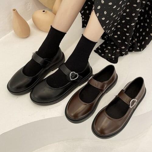 Lolita Shoes Heart Buckle Mary Janes Shoes Leather Women Flats Shallow Girls Casual Shoes Black Brown zapatos mujer Spring 8948N