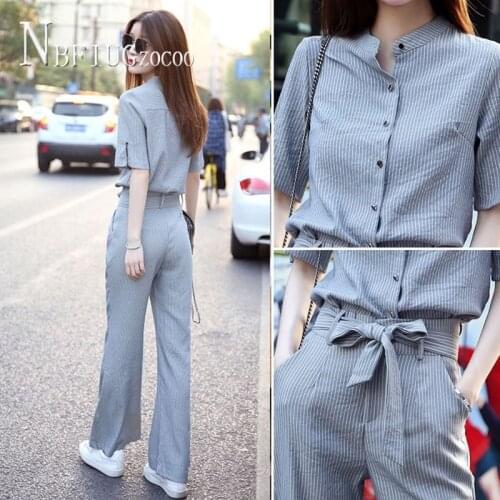 2020 Spring Autumn New Women Sets Stripe Blouse And Waist Strap Wide Leg Pants Female Sets