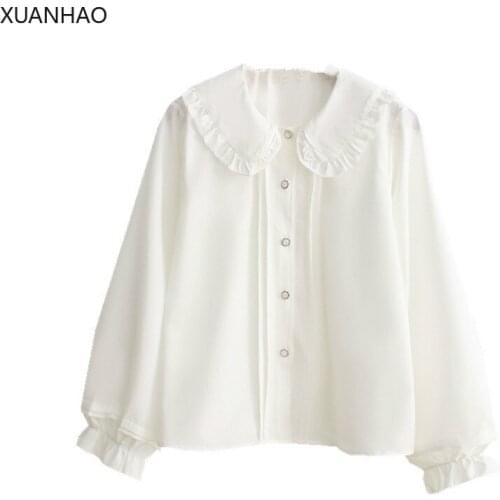 XUANHAO White Blouse Women Long Sleeve Cotton Womens Tops And Blouses Sweet Peter Pan Collar Girl Kawaii Blusas Mujer De Moda
