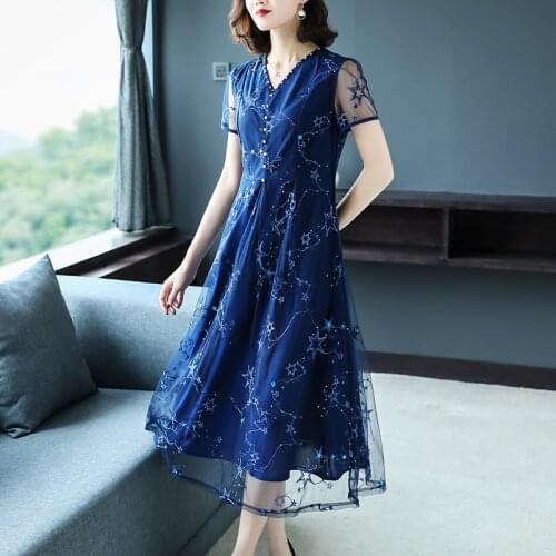 Women Elegant Blue Mesh Embroidery Midi Dresses 2021 Summer Diamonds 4XL Plus Size Sundress High Quality Bodycon Party Vestidos