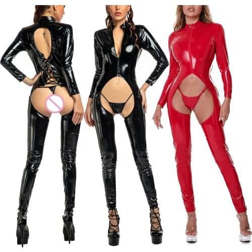 Women Erotic Hollow Out Latex Catsuit Sexy Open Crotch Latex Bodysuit Underwear for Women Sex Exposing Leather Lingerie Jumpsuit