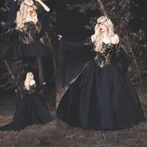 Gothic Black Wedding Dresses Sweetheart Long Sleeve Vintage Victorian lace-up Bridal Gowns Embroidery Satin Vestidos De Novia