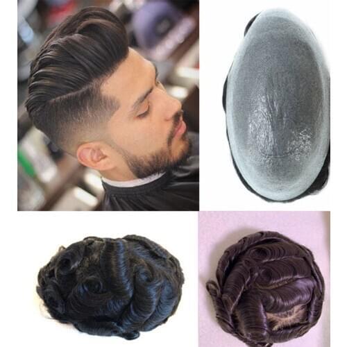 0.02-0.03mm Super Thin Skin Full PU Mens Toupee Natural Black European Human Hair Male Wig Prosthesis Hair System For Men