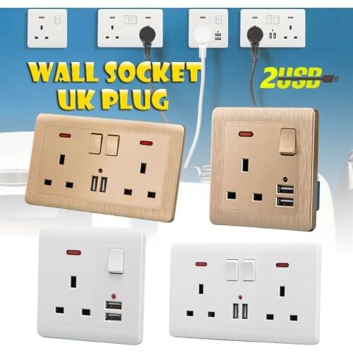 1pc Double Wall Uk Plug Socket 2 Gang 13a With 2 Usb Outlet Multi-functional Socket Port New Charger Plate White Gold