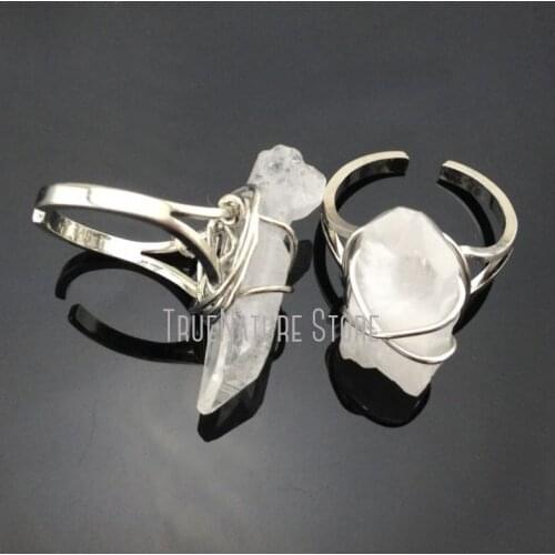5Pcs RM12158 Copper Jewelry Silver Adjustable Jewelry Copper Ring Silver Plated Clear Crystal Wire Wrapped Pillar Ring