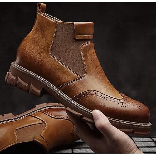 Handmade Plus With Fur Men Genuine Leather Chelsea Boots Top Quality Retro Brogues Shoes Platform Waterproof Boots For Men