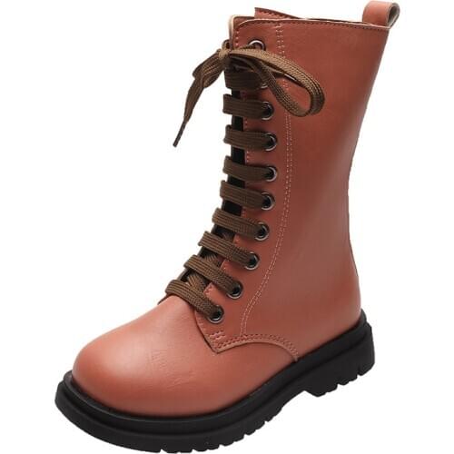 Children Fashion Martin Boots 2020 Autumn Winter PU Leather Cross-Tied Mid-Calf Rubber Boots For Kids Girls Princess Boots Shoes