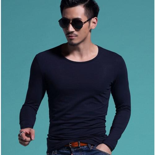 Men Spring Autumn Comfort Long Sleeve Mens T-shirt O-neck Solid Polyester T Shirt Men Classic Color All-match Red Blue Black