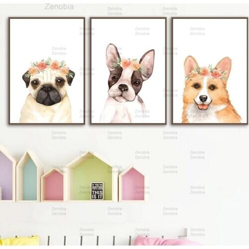Nursery Puppy Dog Canvas Painting Floral Crown Dog Posters and Prints Pug Corgi Boston Terrier Wall Art Pictures Home Decoration