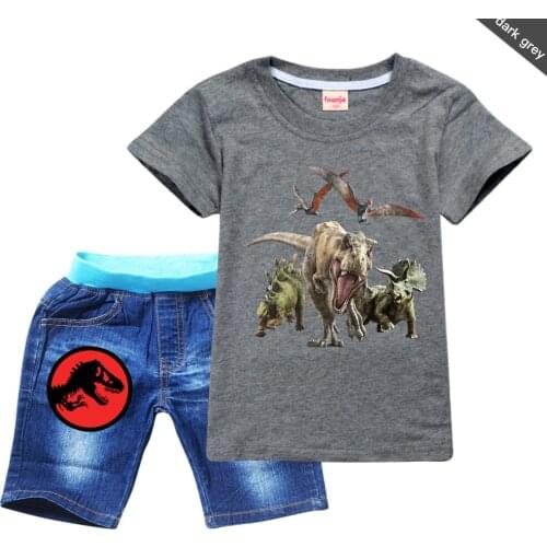 Fashion 2021 New Baby Boys Dinosaur Print cotton T-shirt+Denim shorts Embroidery Kids Girls Suit Casual Childrens Sets Clothing