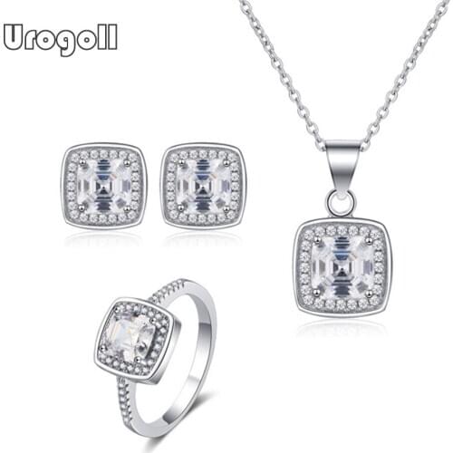 Fashion Women 925 Sterling Silver Bridal Square Jewelry Sets Luxury Necklace Earring Ring For Women Engagement Party Jewelry