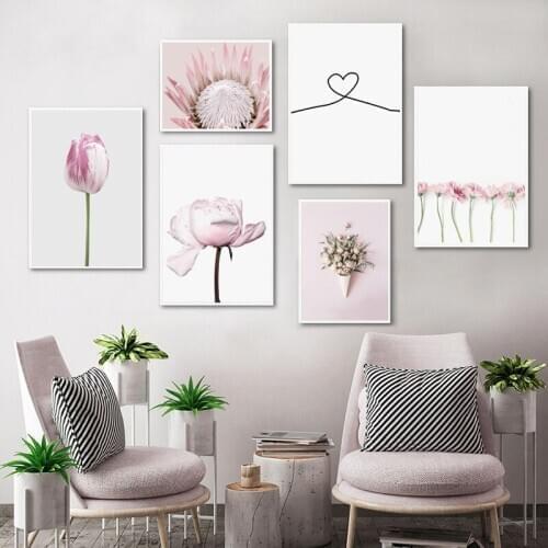 Pink Flower Wall Art Canvas Poster Print Nordic Botanical Decorative Picture Painting for Women Bedroom Modern Home Decoration