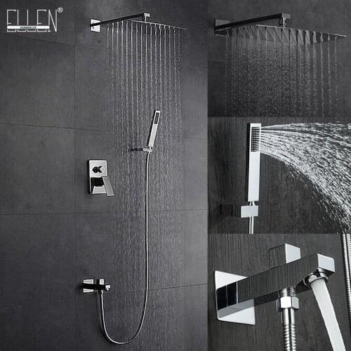 Wall Shower Set Square with Hand Shower in Wall Shower Faucet with Spout Rain Shower Set Chrome 8" 10" 12" ELK070