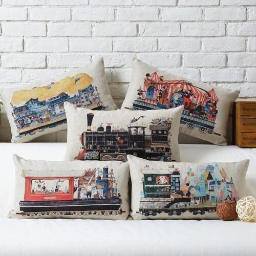30*50cm Retro Steam Train Designs Industrial Revolution Cotton Linen Car Seat Cushion Cover massage pillow Waist pillow cojines