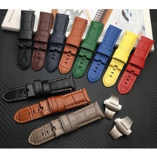 24mm yellow Crocodile Pattern Genuine bamboo leather Watchband For Panerai Strap PAM441 Bracelet Butterfly Buckle engraving logo