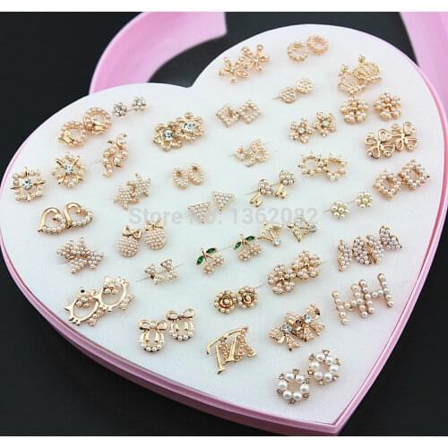 Wholesale lots 36 pairs Light Rose Gold Earrings Random Styles Imitation Pearls Beaded Stud Earrings Christmas Gift ME224