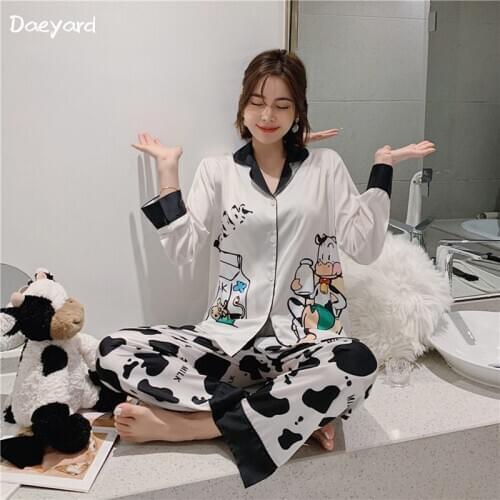 Daeyard Silk Cartoon Pajama Set Women Spring Long Sleeve Sleepwear Fashion Cow Print Pyjamas Girls Sweet Nightwear Home Clothes