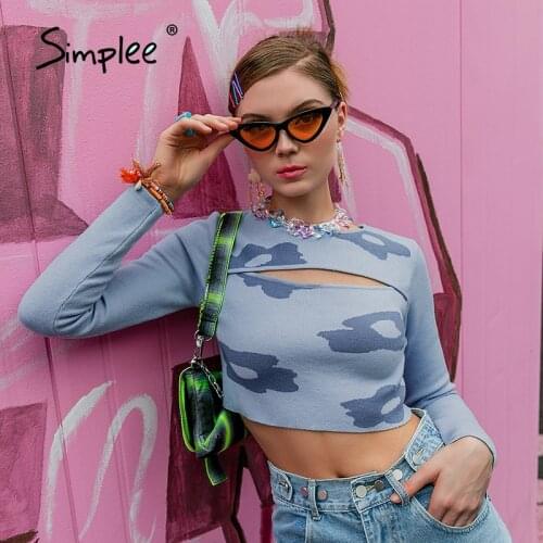 Simplee Sheath floral long sleeve sweater autumn Sexy open chest ladies y2k crop tops Casual soft women sweaters and pullovers
