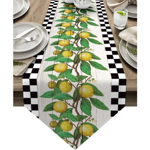 Lemon Fruit Retro Wood Grain Plaid Modern Table Runner Wedding For Party Event Home Decoration Table Cover Mat Decor Accessories