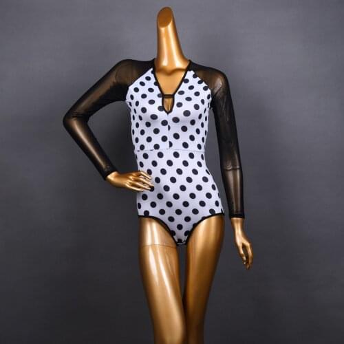 Latin Dance Leotards Top Modern Dance Costume Female Adult New Sexy V-neck Long Sleeve Polka Dot Training Top