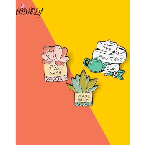 Creative enamel pin potted succulents leisure tea art brooch lapel badge pin cartoon jewelry for friends