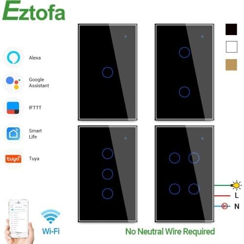 Eztofa Smart Wifi Touch Wall Light Switch, No Neutral Wire, APP Remote Home Drive,Works with Alexa Google ,1/2/3/4 Gang