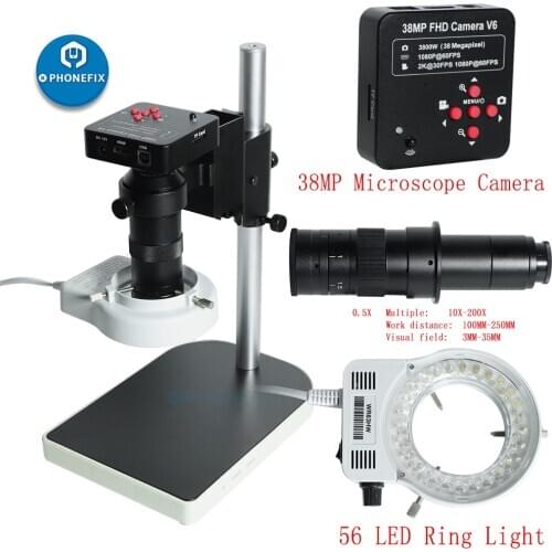 Full HD 38MP 60FPS VGA Industrial Video Microscope Camera C MOUNT Len 56 LED Lights for Phone PC PCB IC Observe Soldering Repair