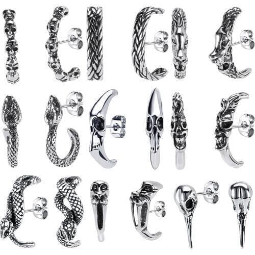 ZS 10 Styles Punk Kpop Curved Studs Earrings for Women Men Stainless Steel Snake Bent Studs Earrings Boys' Ear Piercing Jewelry