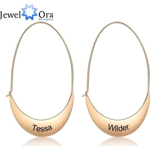 JewelOra Personalized Engraved Name Hoop Earrings for Women Geometric Style Customized Moon Shape Statement Earrings Ladies Gift