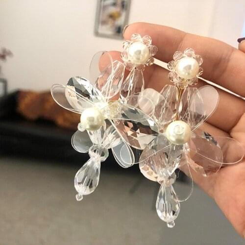 Origin Summer Exaggerated Crystal Flower Dangle Earring for Women Simulation Pearl Long Tassel Waterdrop Earring Jewellery