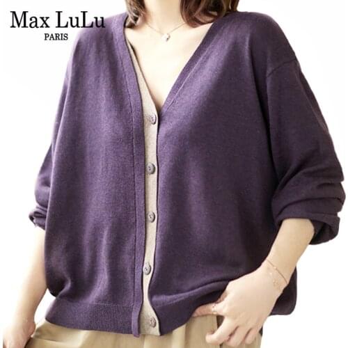 Max LuLu 2021 Purple V-Neck Cardigans Women Single Breasted Casual Loose Clothes New Autumn Sweaters Ladies Harajuku Cardigan