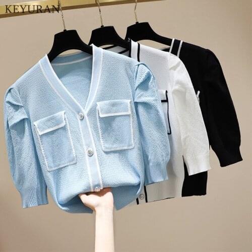 Thin Runway Sweater Cardigan Women 2021 Spring Summer V Neck SIngle Breasted Black/White/Blue Knitted Top Ladies Knitwear