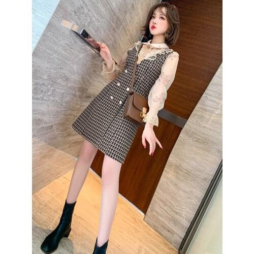 Lapel embroidered mesh sleeve with thousand bird vest fake two piece dress for women 2021 Spring new High Quality Top Quality