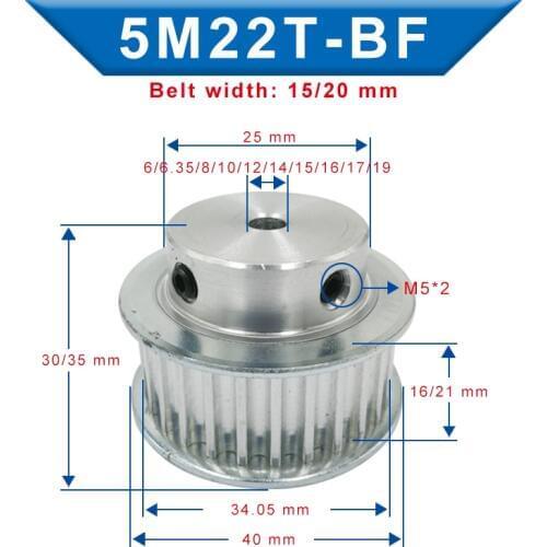 5M-22T Pulley Bore 6/6.35/8/10/12/12.7/14/15/16/17/19 mm pulley wheel Slot Width 16/21 mm For Width 15/20 mm 5M-synchronous belt
