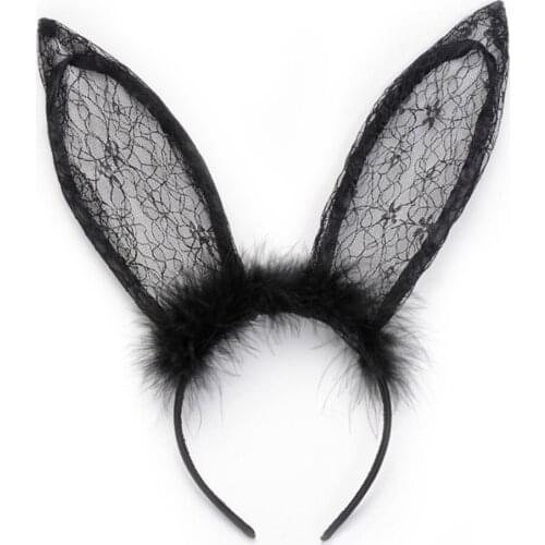 Gothic Black Lace Bunny Ear Feather Headbands Hair Accessories For Women Girls Halloween Party Carnival