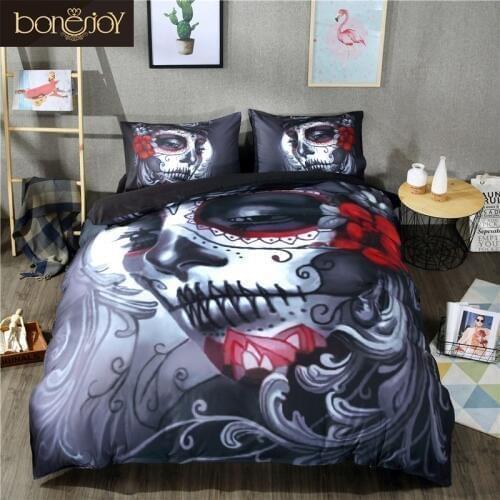 Bonenjoy Black Skull Bedding Set Halloween Style Bed Sheet Queen King Double Bed Linen Flower Skull Duvet Cover Set