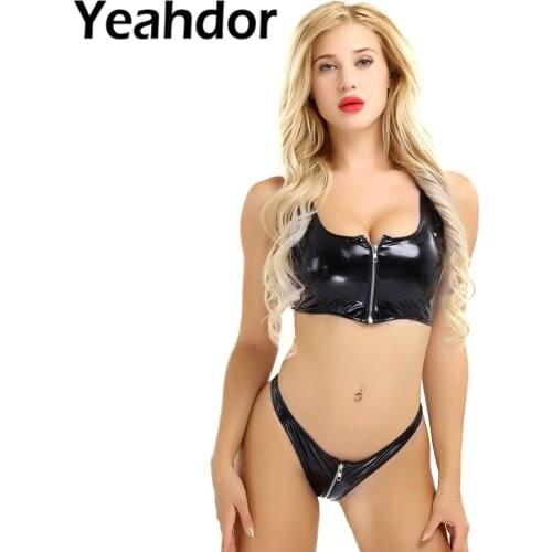 Black Women Wet Look Clubwear Patent Leather Zipper Bikini Sexy Lingerie Set Sleeveless Crop Top with Mini Briefs Underwear