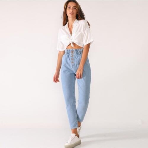 Women, Jeans, Comfortable, High Waist, Buttoned, Elastic Waist, Light Blue, Full Length, Solid Color, Cotton Denim Trousers,2021