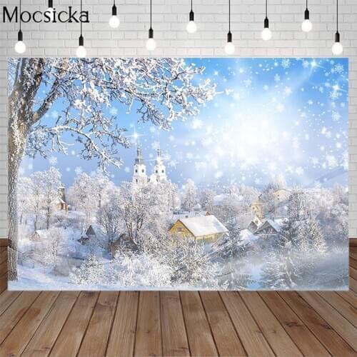 Mocsicka Winter Snow Scene Sunlight Photography Background Houses Snowflake Backdrop Child Portrait Decoration Prop Photo Studio