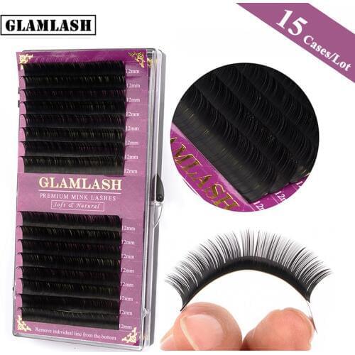 GLAMLASH 15Cases/Lot 16Rows handmade faux mink lash extension korea pbt natural soft eyelashex individual extension makeup cilia
