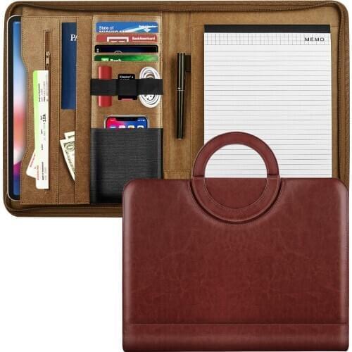 Leather Padfolio Portfolio Folder with Handle, Professional Business Portfolio Organizer with 11 Inch Tablet Sleeve for iPhone
