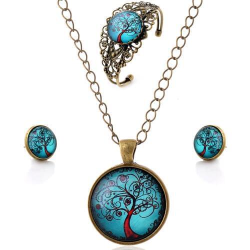 Lureme Time Gem Series Vintage Blue Sky with Life Tree Pendant Necklace Stud Earrings Hollow Flower Bangle Jewelry Sets