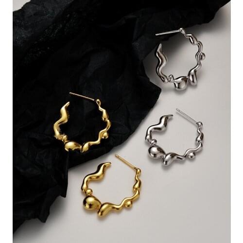 MLKENLY Irregular Original Design 925 Sterling Silver Irregular Spray Earrings Hoops INS C-Shaped Smooth Earrings Fine Jewelry