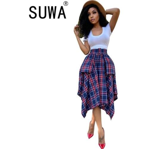 Fashion Women Loose Plaid Print Fringe Irregular Waiste Womens Asymmetrical Long Dress Office Lady Maxi Skirt Work Wear