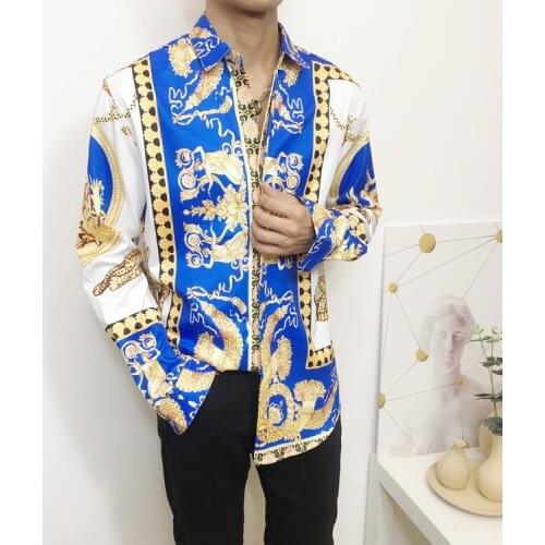 Hip Hop Spring Autumn 3D Leopard Printed Shirt Men Personalized Gold Blue Luxury Shirt Loose Long Sleeve Fashion Designer Shirt